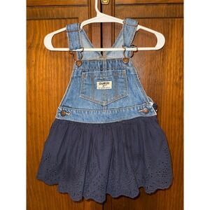 OshKosh Bgosh Baby Girls Denim Eyelet Lace Overall Dress Blue Navy 18M